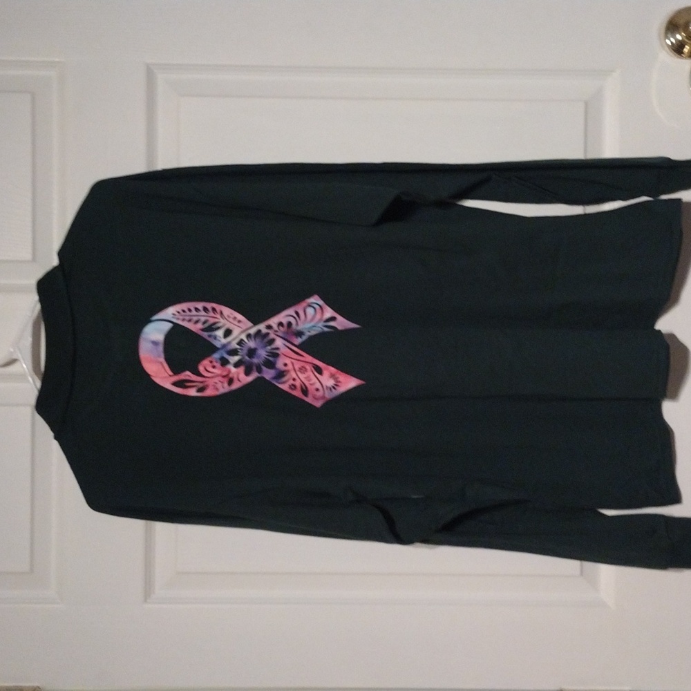 Dark Green Long Sleeve Polo with Breast Cancer   Ribbon